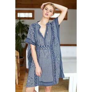 EMERSON Fry Short Caftan Navy Batik Print 100% Cotton One Size Beach $178.00